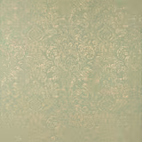 Celadon green damask fabric with antique gold scroll motifs and a soft sheen