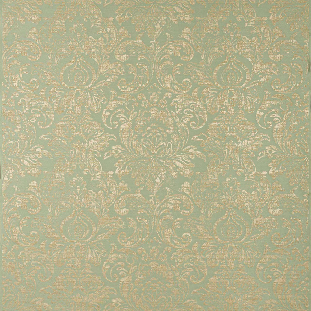 Celadon green damask fabric with antique gold scroll motifs and a soft sheen