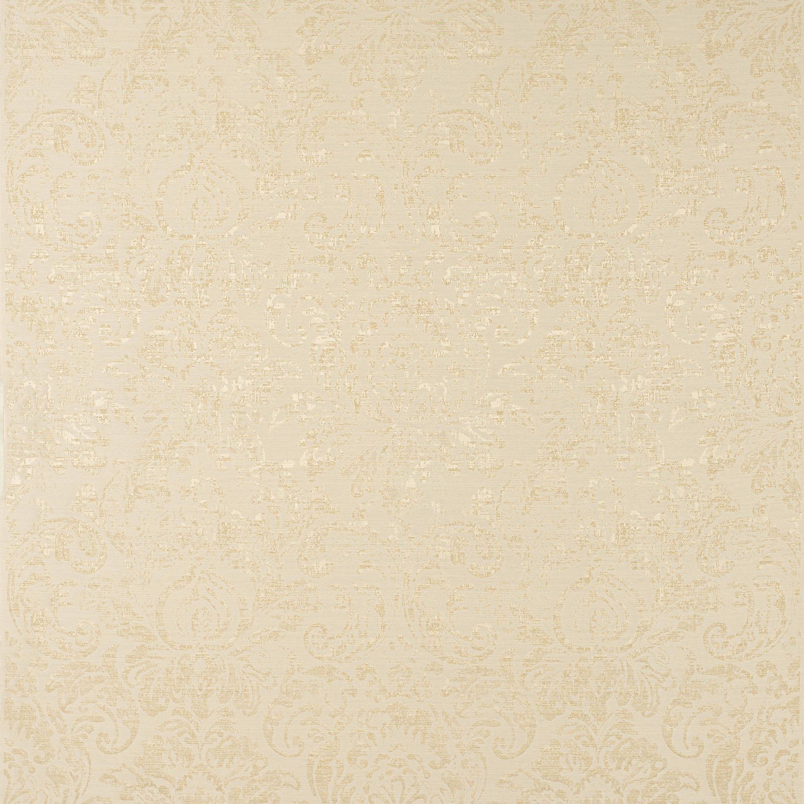 Pale cream damask fabric with softly raised scrolling pattern and gentle sheen