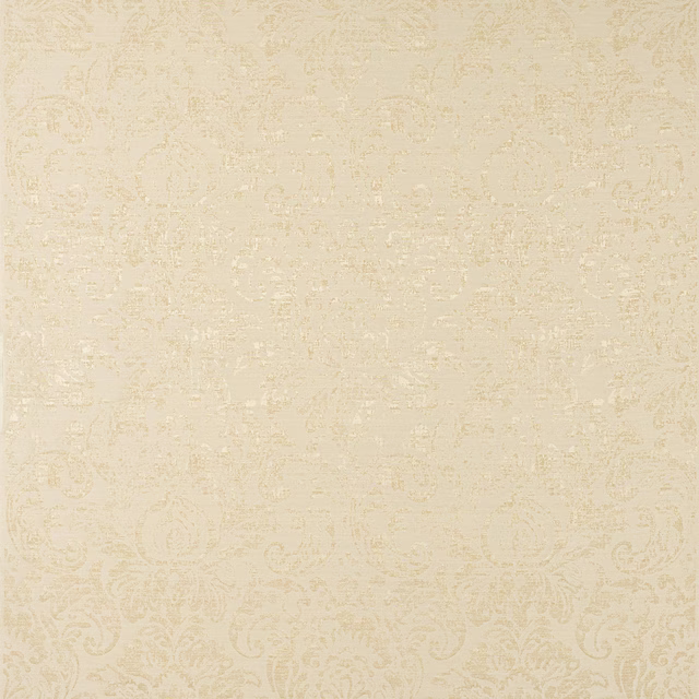 Pale cream damask fabric with softly raised scrolling pattern and gentle sheen