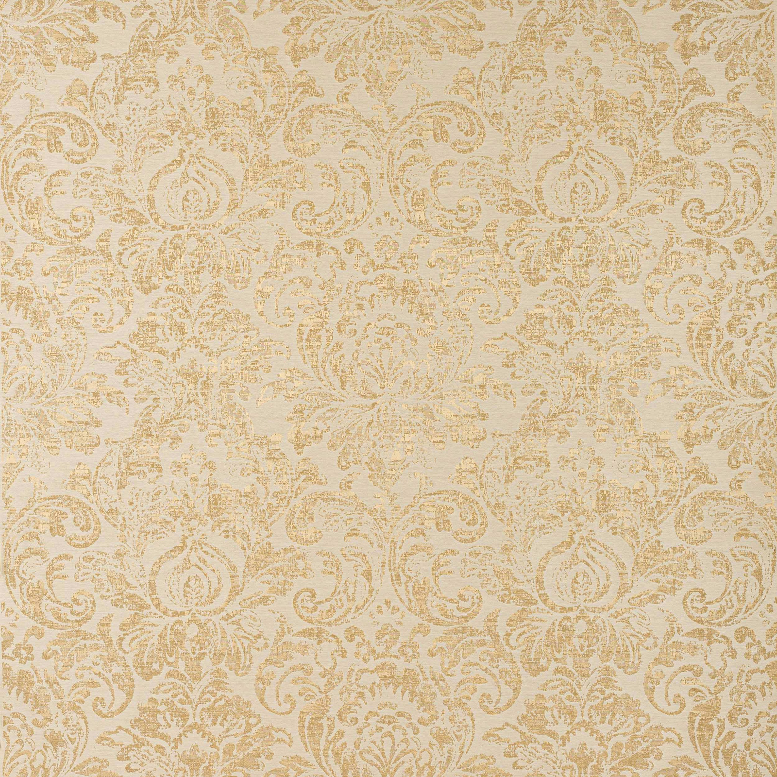 Ivory damask fabric with soft antique gold scrolling floral pattern