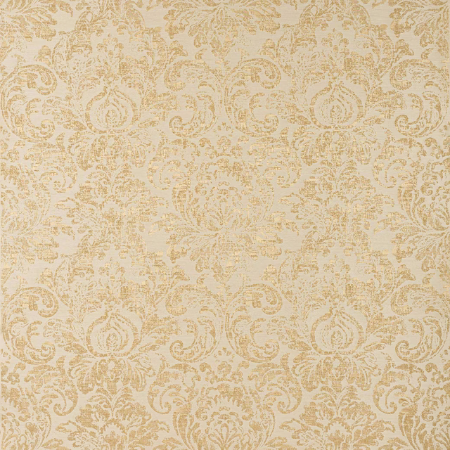 Ivory damask fabric with soft antique gold scrolling floral pattern
