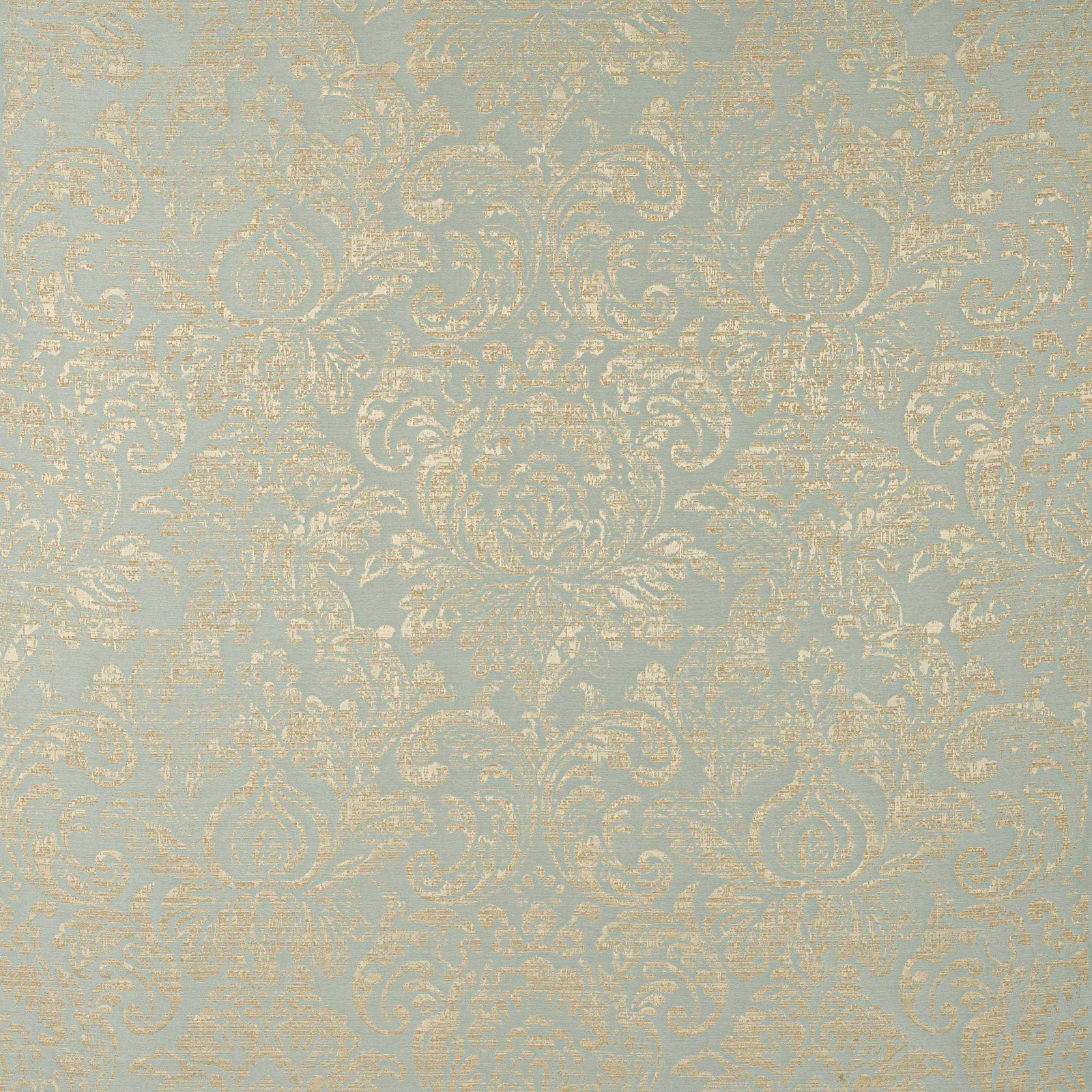 Soft dusty blue damask fabric with worn gold motif and subtle sheen