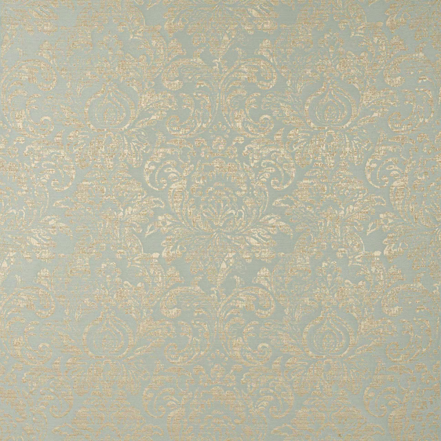 Soft dusty blue damask fabric with worn gold motif and subtle sheen