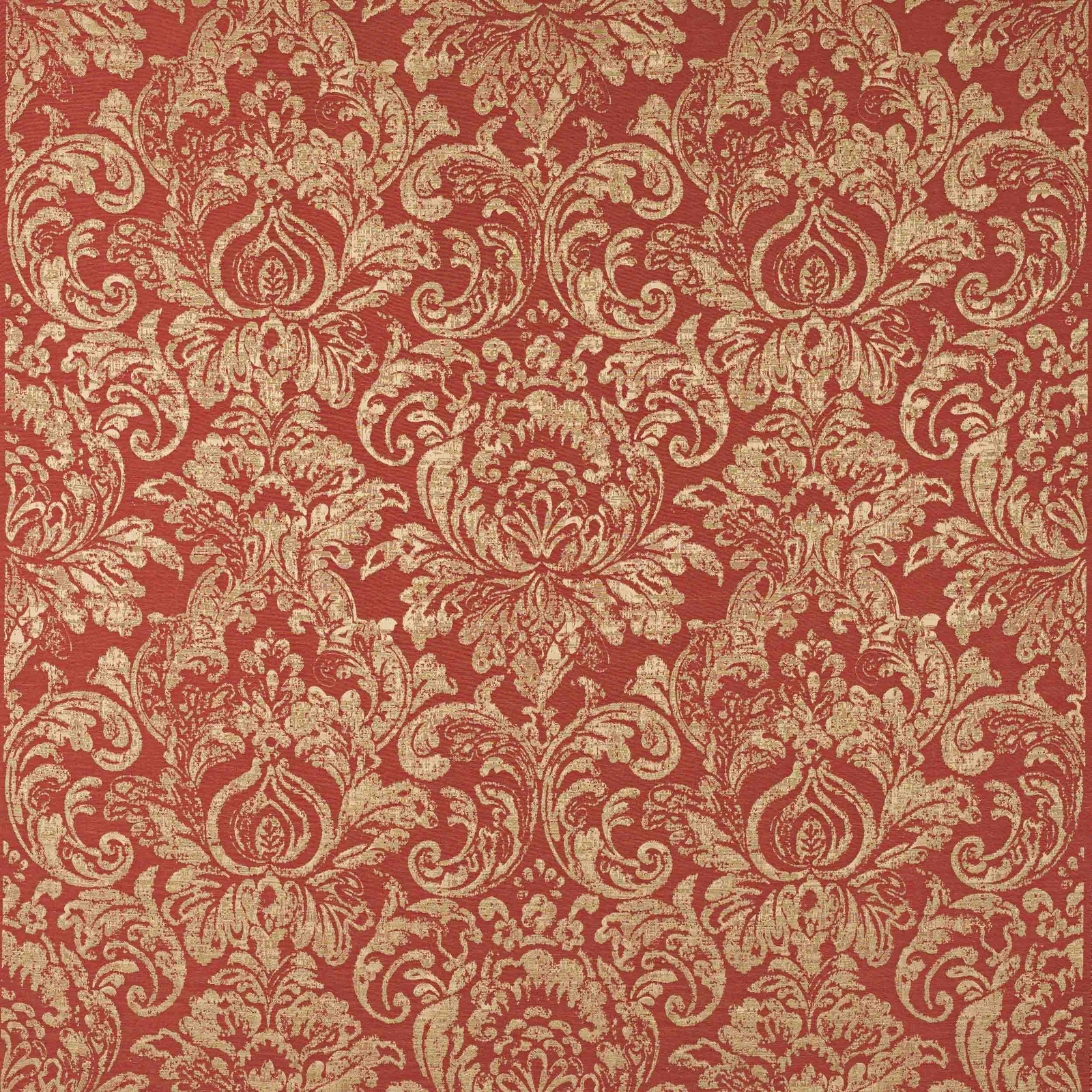 Red and gold ornate damask fabric with a woven, slightly lustrous texture