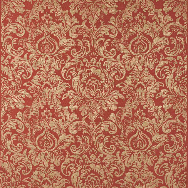 Red and gold ornate damask fabric with a woven, slightly lustrous texture