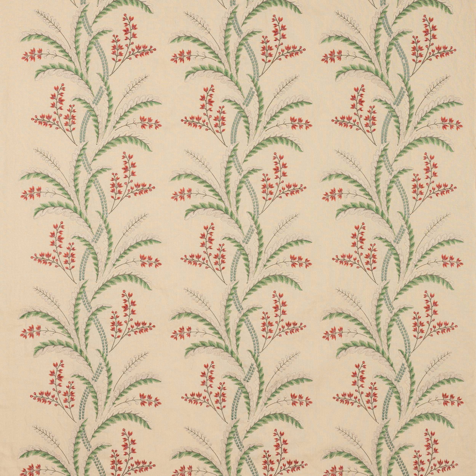 Cream botanical fabric with vertical green leaves and small red sprigs