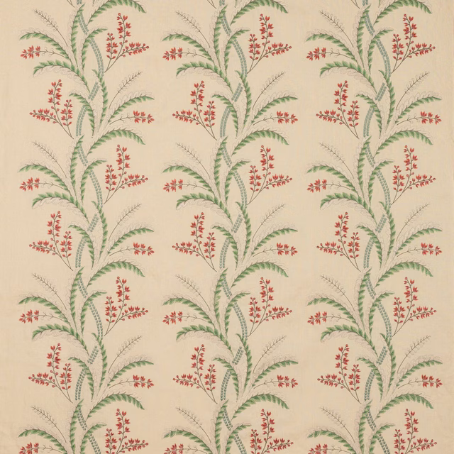 Cream botanical fabric with vertical green leaves and small red sprigs