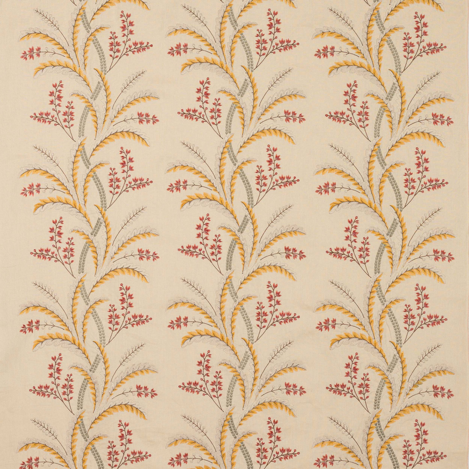 Cream fabric swatch with vertical ochre and coral embroidered leaf sprigs