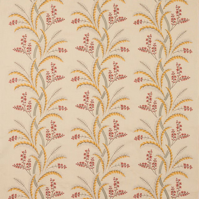Cream fabric swatch with vertical ochre and coral embroidered leaf sprigs