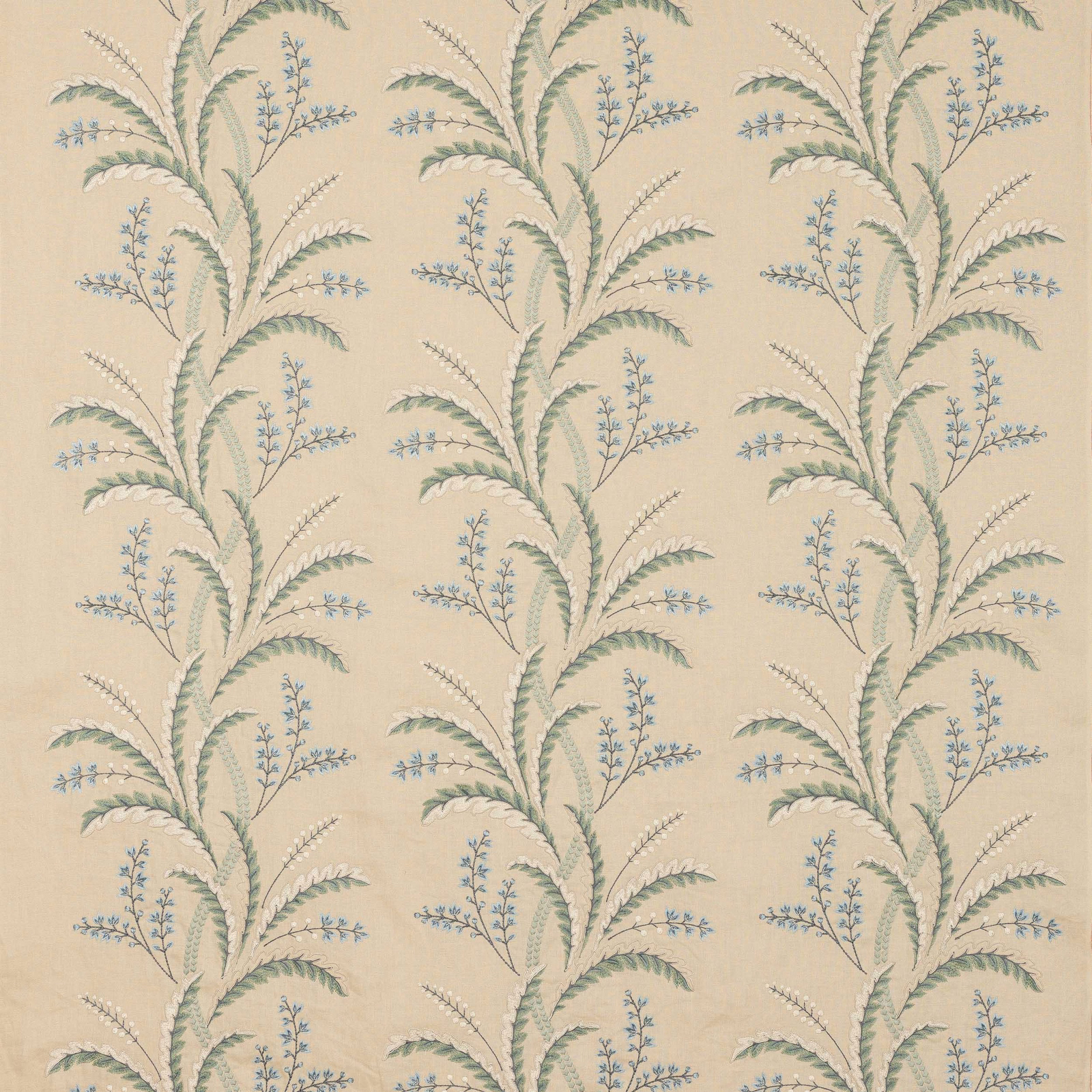 Cream fabric with vertical leafy blue and sage botanical stripes