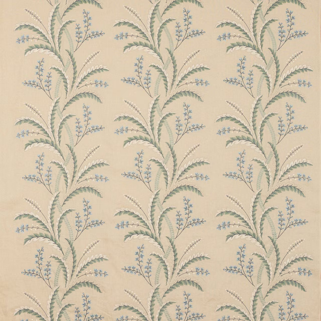 Cream fabric with vertical leafy blue and sage botanical stripes