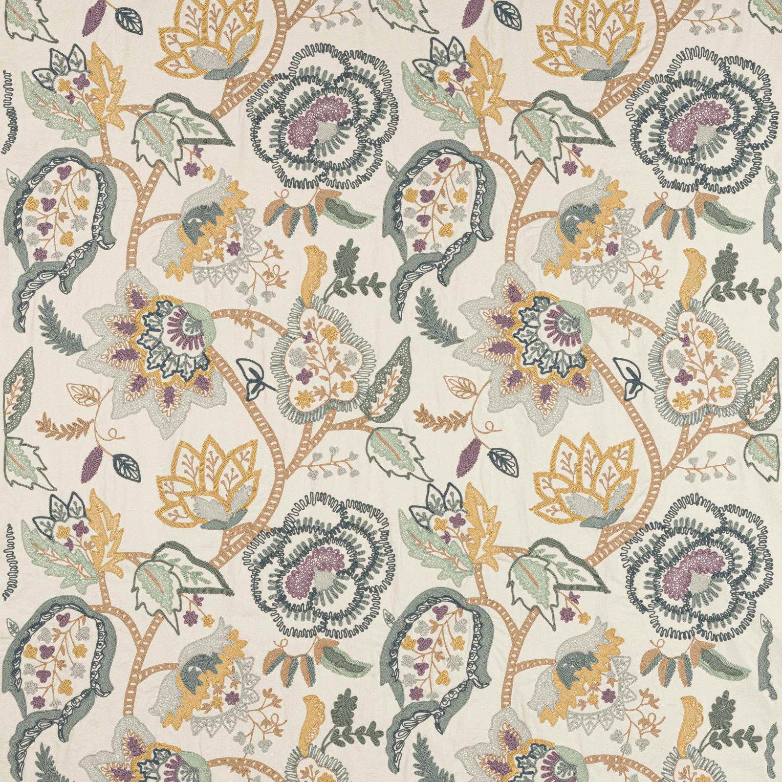 Botanical patterned fabric with soft blue-grey ground and muted floral motifs
