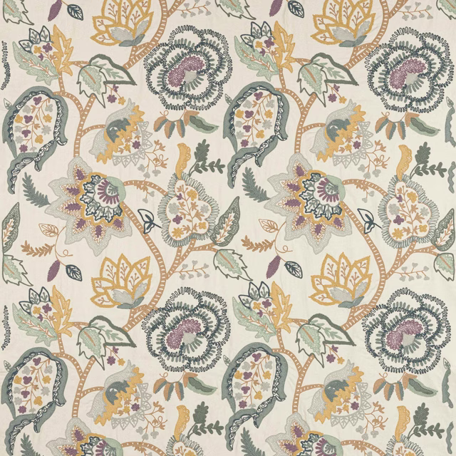 Botanical patterned fabric with soft blue-grey ground and muted floral motifs