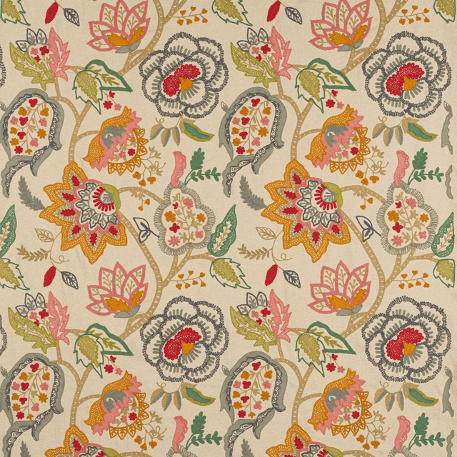 Large floral embroidered-style fabric in blush pink, gold, grey and green on a cream ground