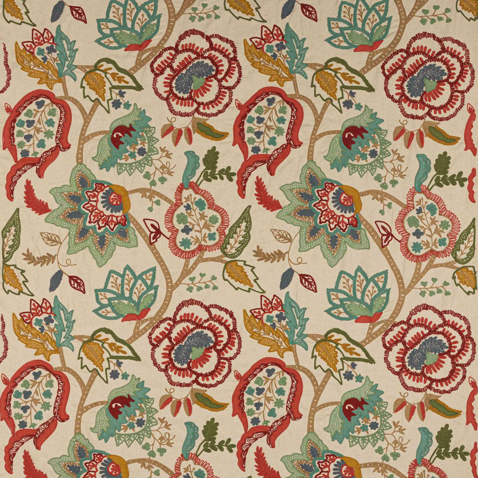 Cream floral fabric with red and green embroidered-style motifs and scrolling stems