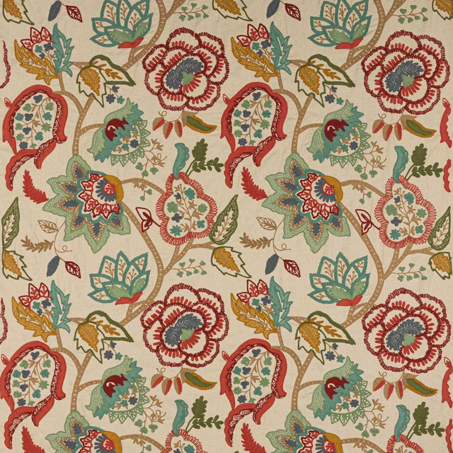 Cream floral fabric with red and green embroidered-style motifs and scrolling stems