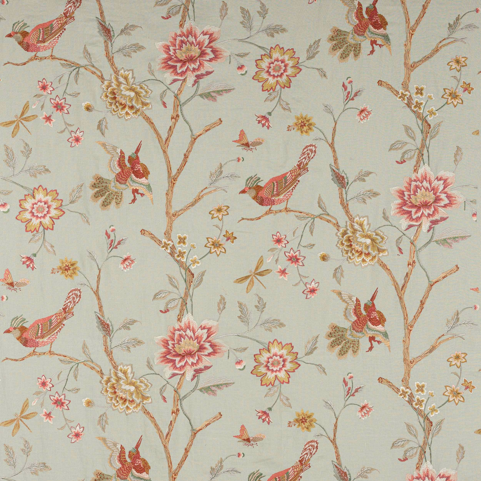 Pale aqua floral fabric with birds, branches and embroidered-look blossoms