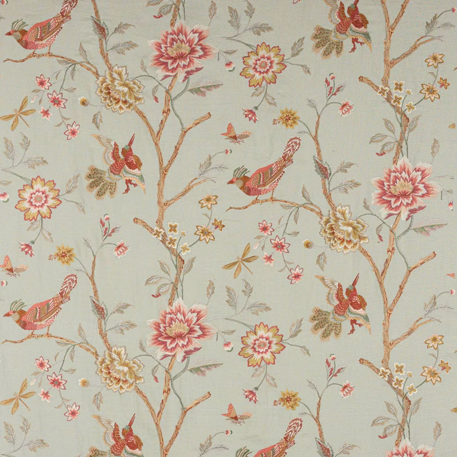 Pale aqua floral fabric with birds, branches and embroidered-look blossoms