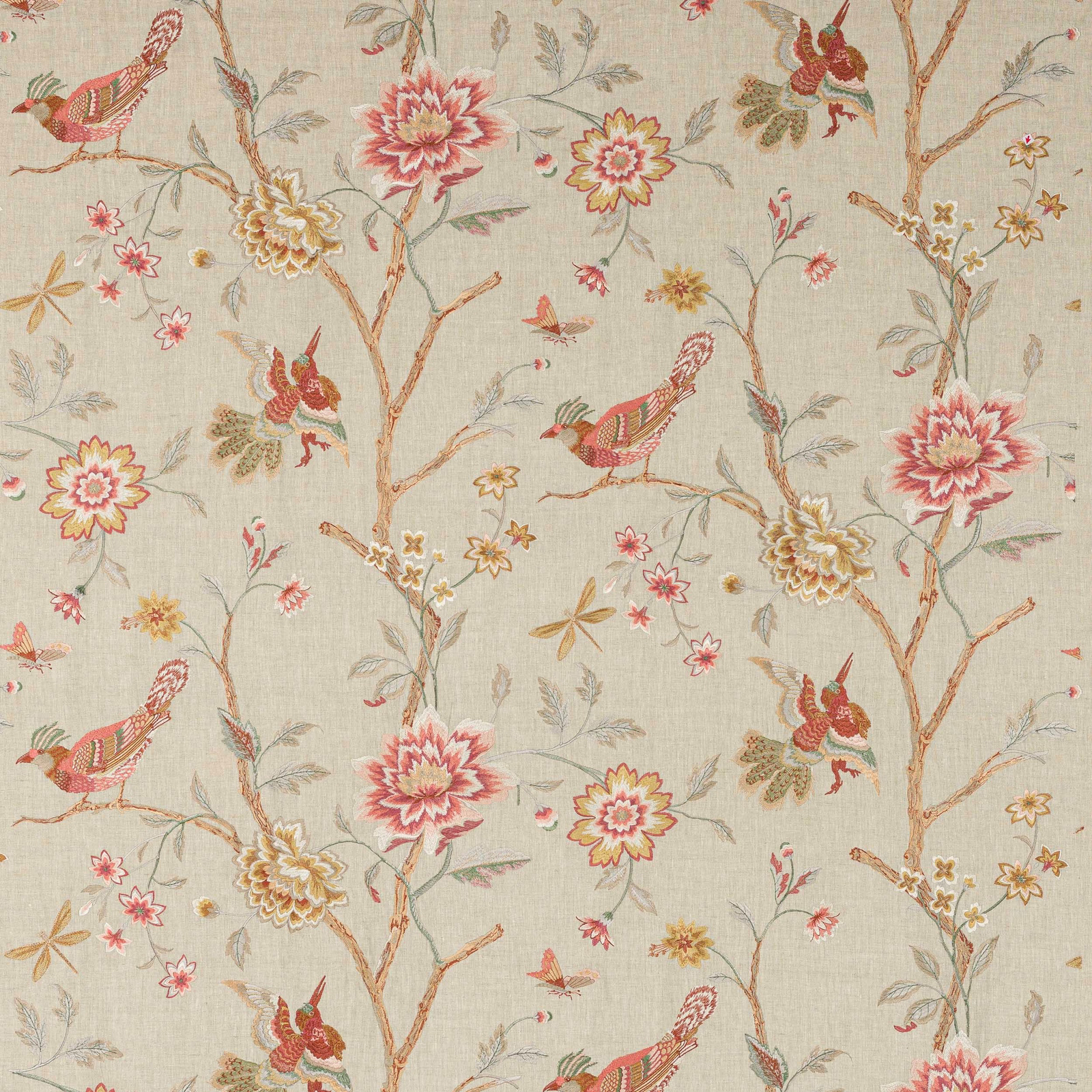 Pale linen-look floral fabric with pink birds, blossoms and sage stems