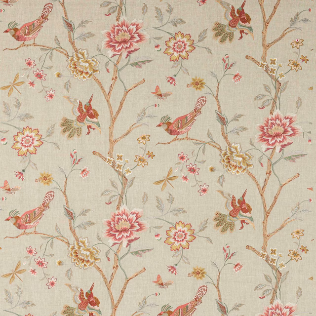 Pale linen-look floral fabric with pink birds, blossoms and sage stems