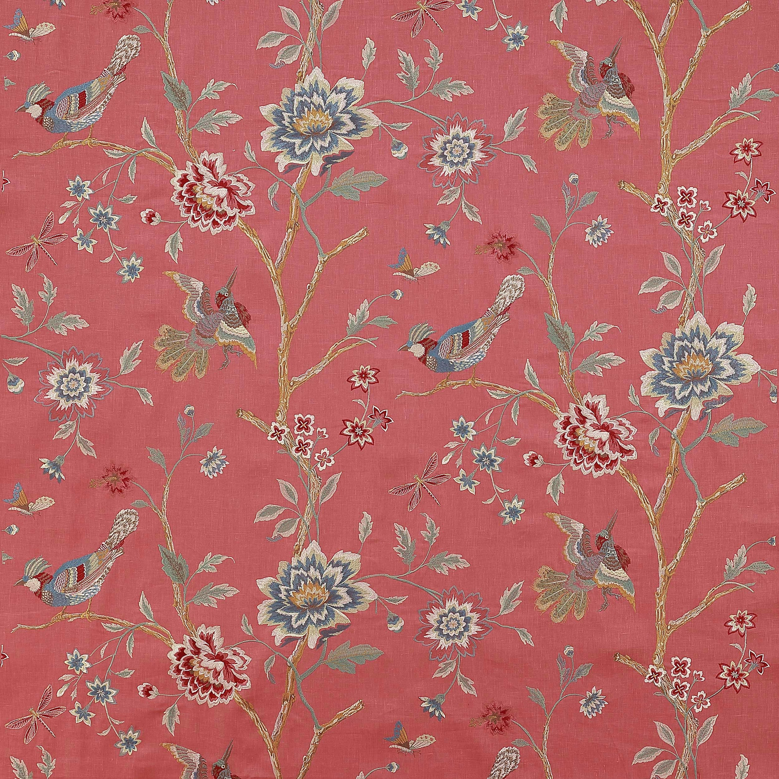 Coral red floral and bird fabric with trailing branches and large embroidered-style blooms