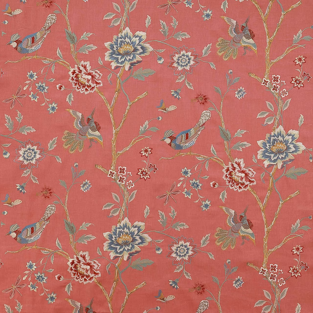 Coral red floral and bird fabric with trailing branches and large embroidered-style blooms