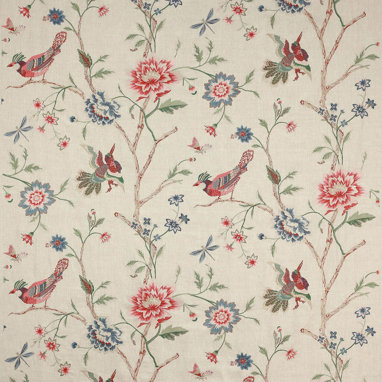 Ivory floral fabric with red birds, blue flowers and green branches