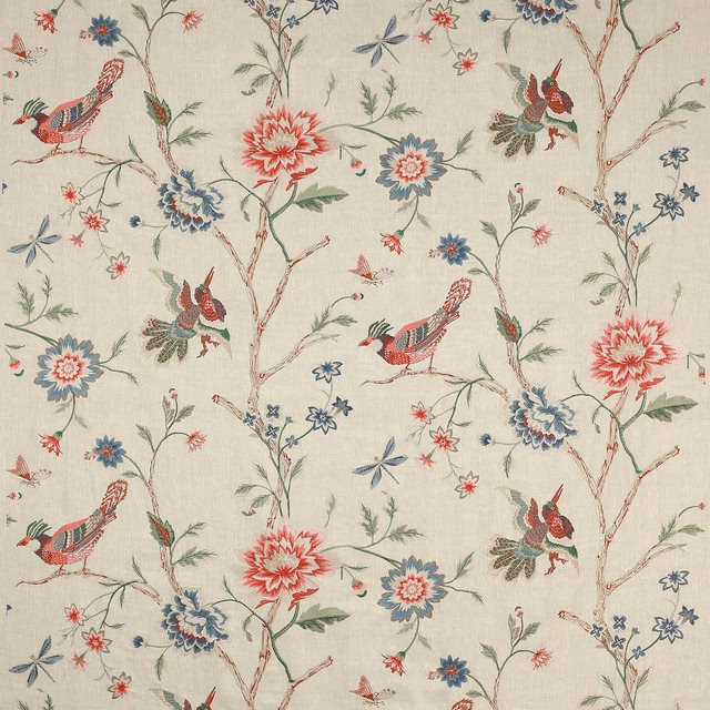 Ivory floral fabric with red birds, blue flowers and green branches