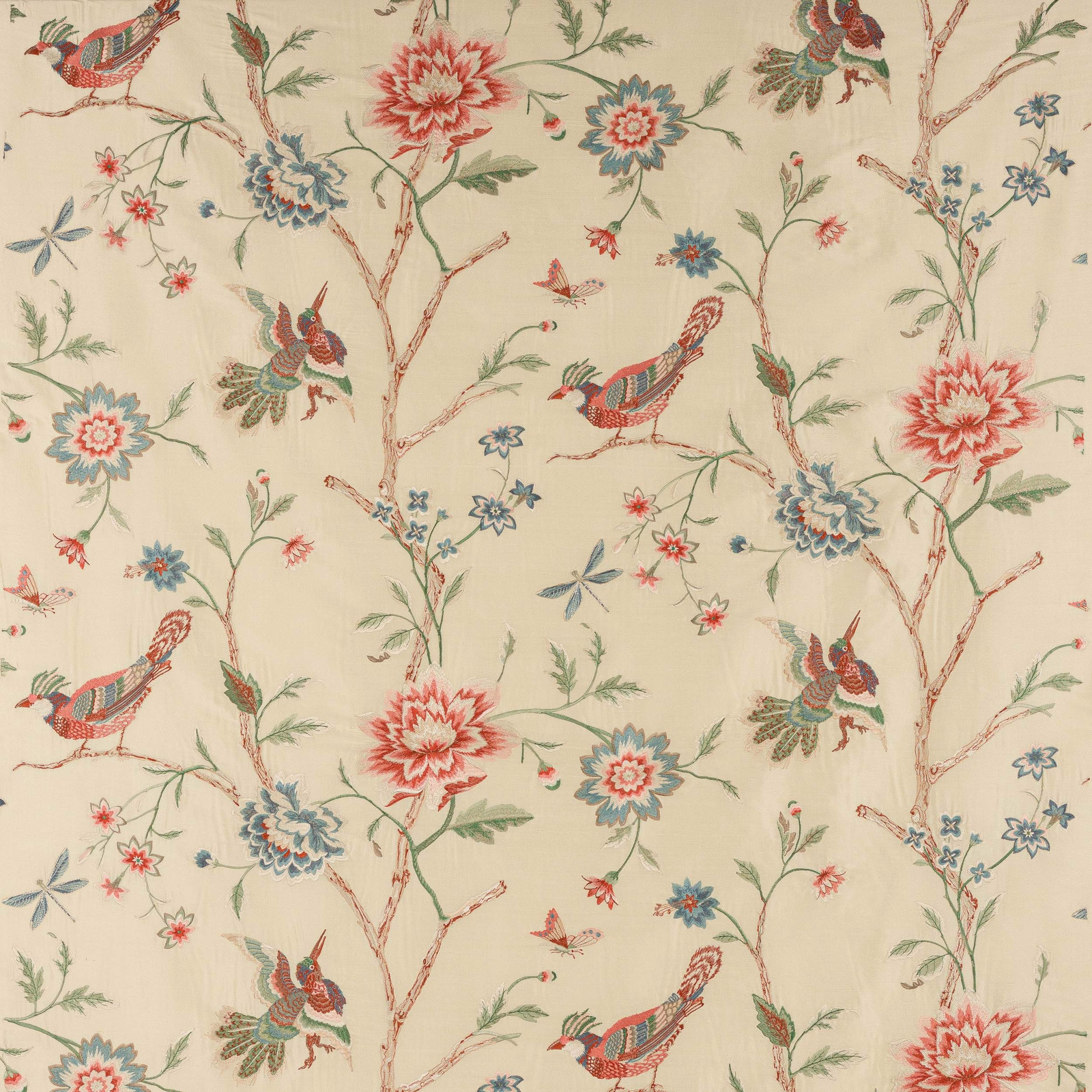 Cream silk fabric with birds, branches and red, sage and blue floral motifs