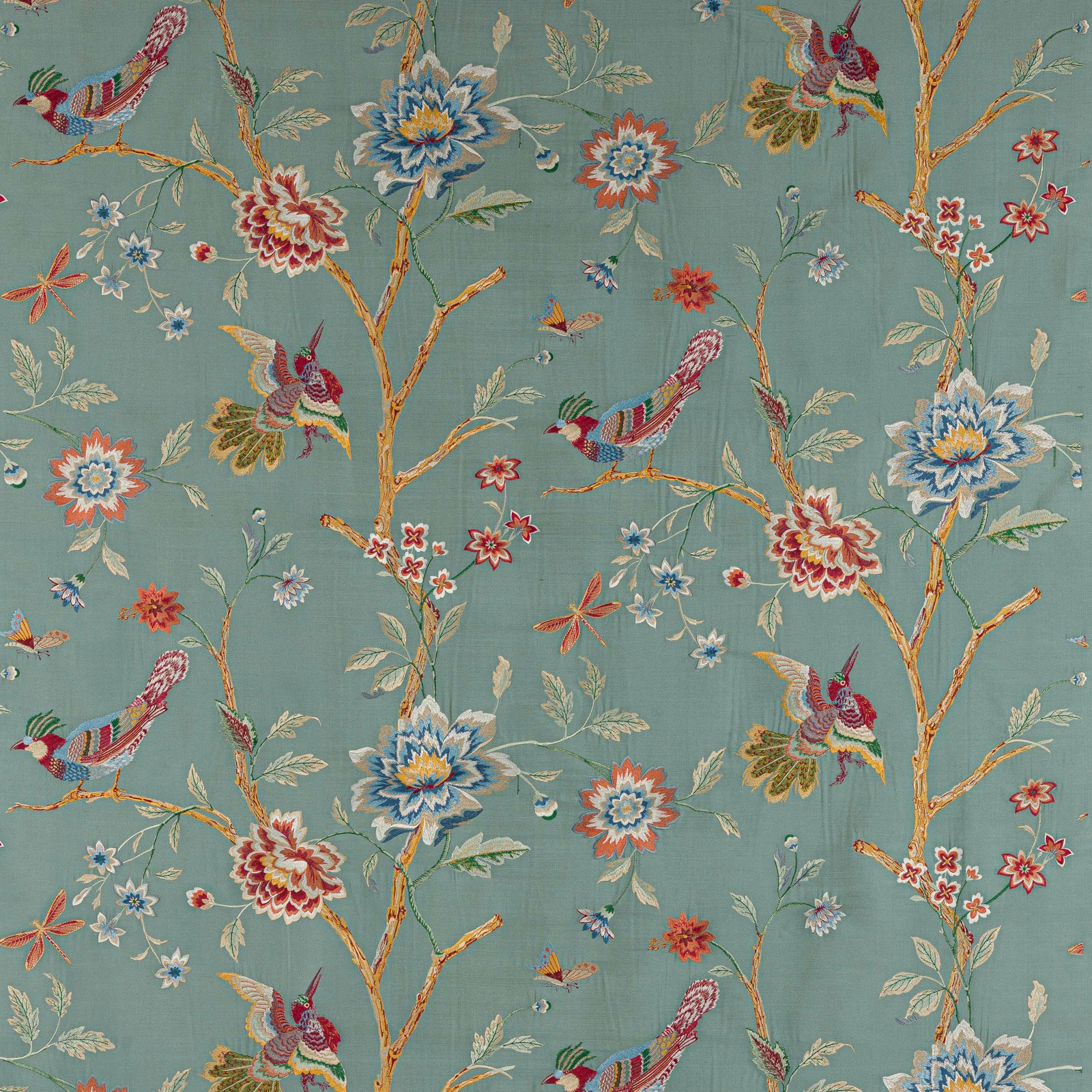 Teal silk fabric with embroidered birds, blossoms and branching stems
