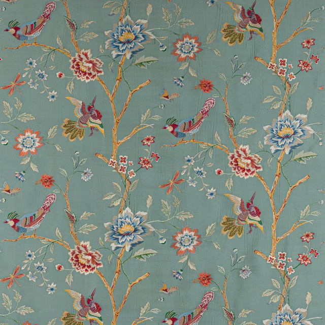 Teal silk fabric with embroidered birds, blossoms and branching stems