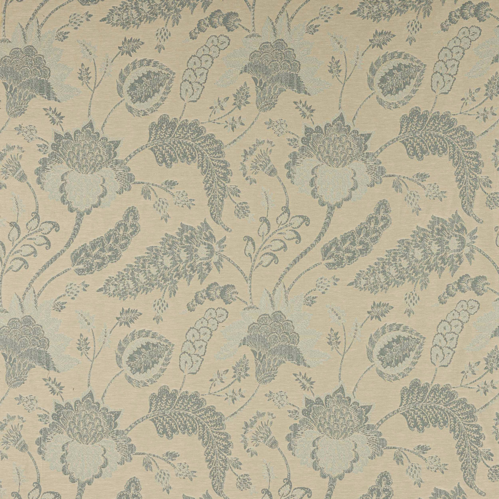 Pale cream floral fabric with muted blue-grey scrolling leaves and blossoms