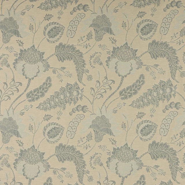 Pale cream floral fabric with muted blue-grey scrolling leaves and blossoms