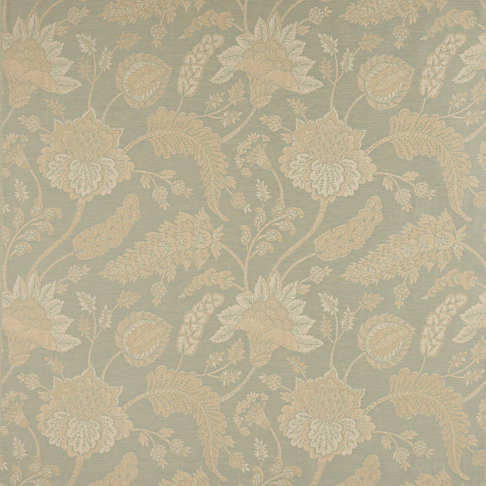 Large floral fabric swatch in soft old blue with pale leafy motifs