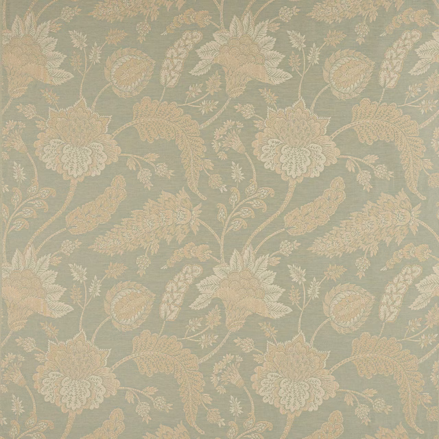 Large floral fabric swatch in soft old blue with pale leafy motifs