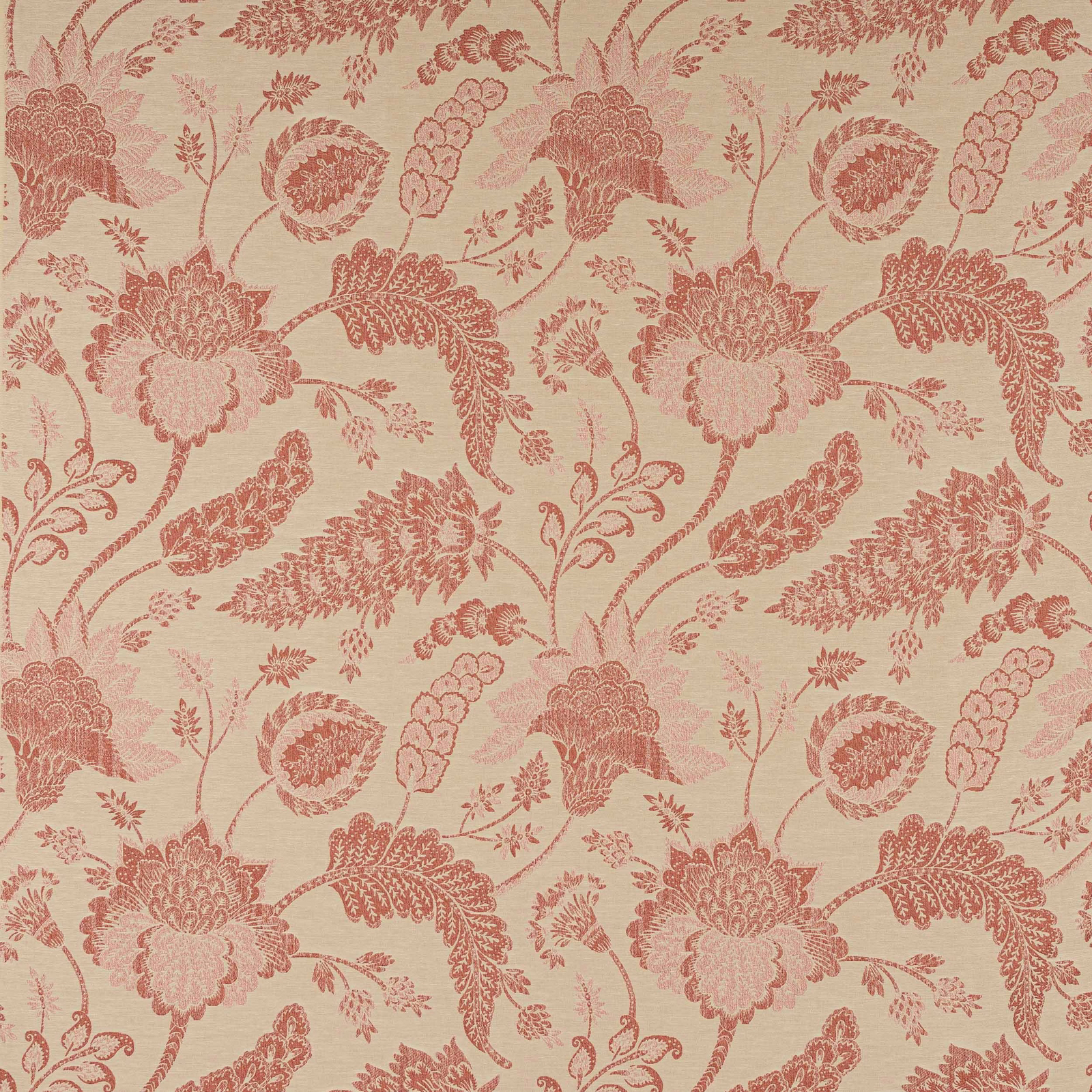 Coral-red floral damask fabric on a pale cream ground