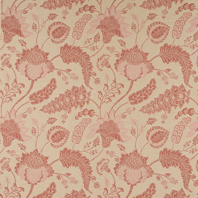 Coral-red floral damask fabric on a pale cream ground