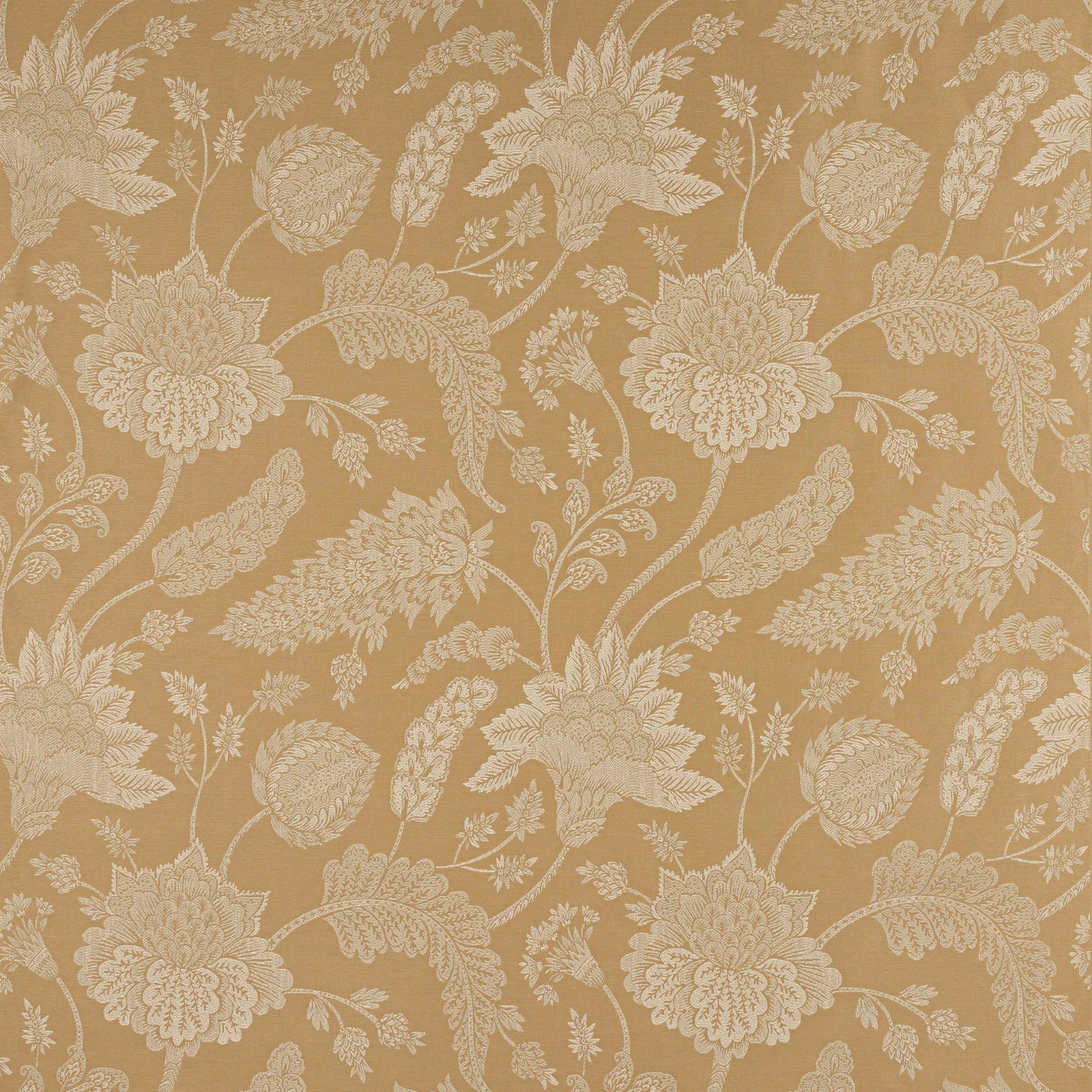 Warm sand beige floral damask fabric with ivory scrolling leaves and flowers