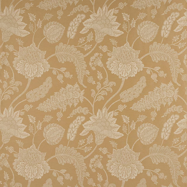 Warm sand beige floral damask fabric with ivory scrolling leaves and flowers