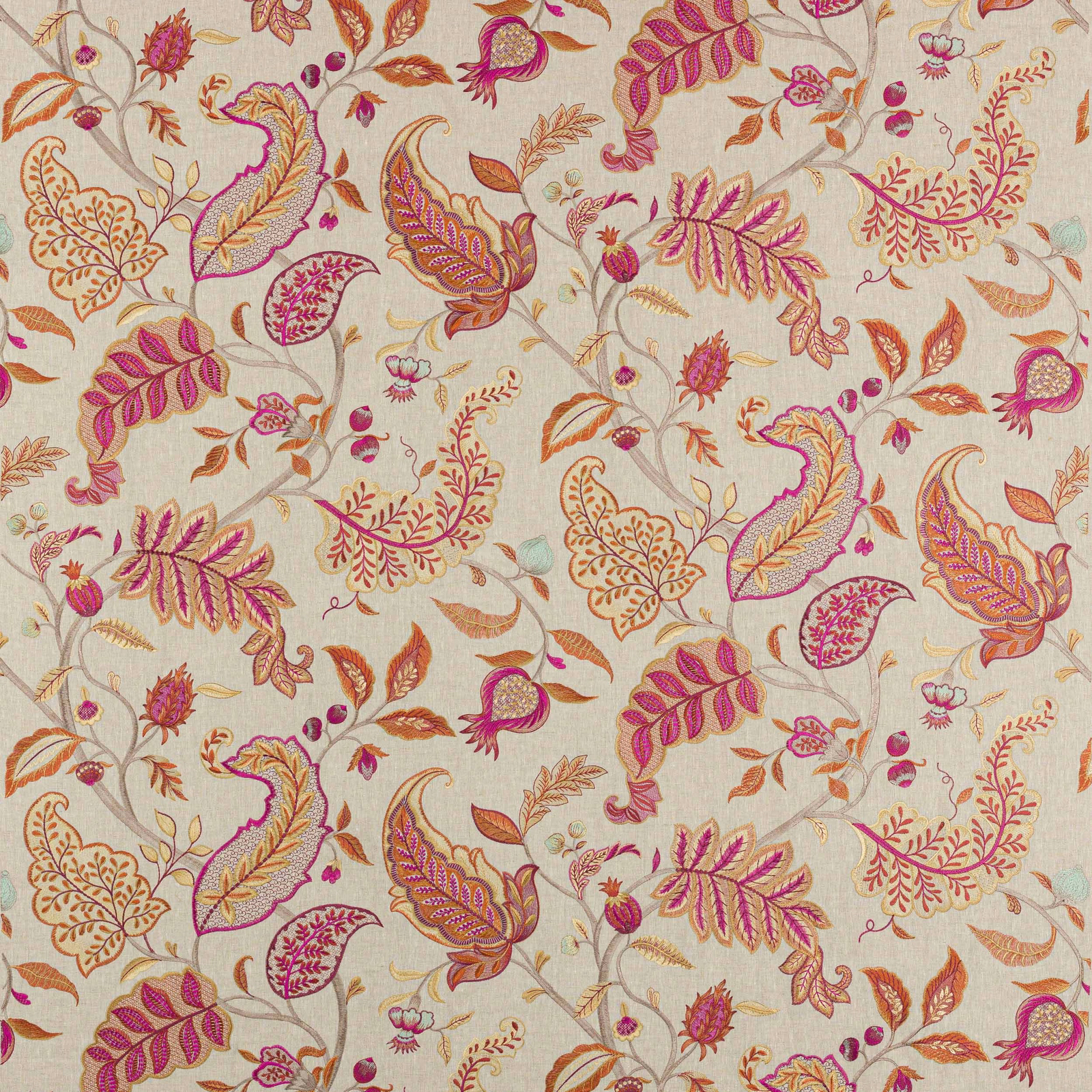 Cream embroidered fabric with pink, amber and apricot floral paisleys