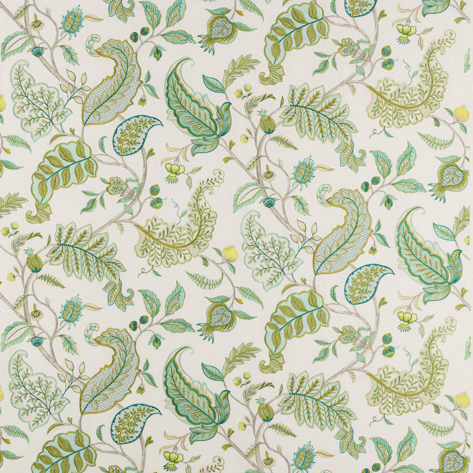 Celadon green botanical fabric with scrolling leaves and pale yellow accents on a light ground