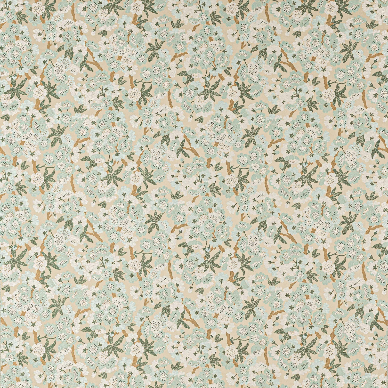 Celadon and cream floral fabric with sage leaves and small scattered blossoms