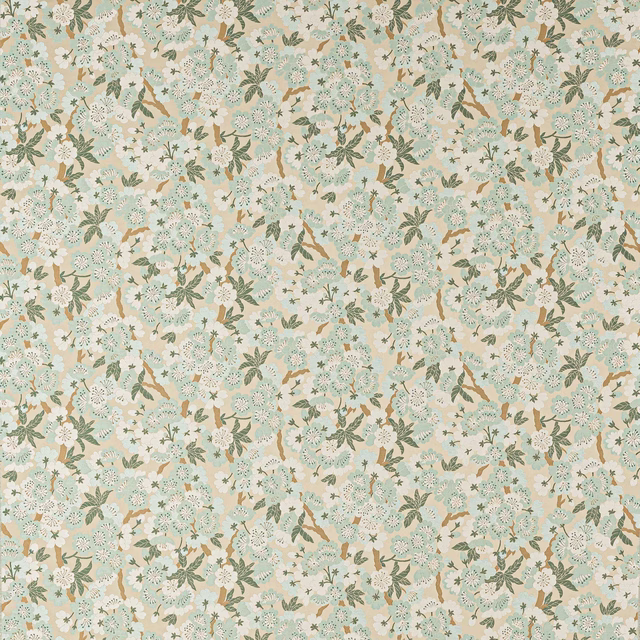 Celadon and cream floral fabric with sage leaves and small scattered blossoms