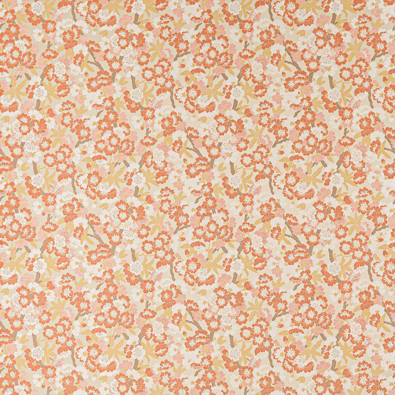 Coral and cream floral fabric with pale gold foliage on a soft ivory ground