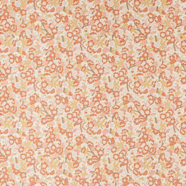 Coral and cream floral fabric with pale gold foliage on a soft ivory ground