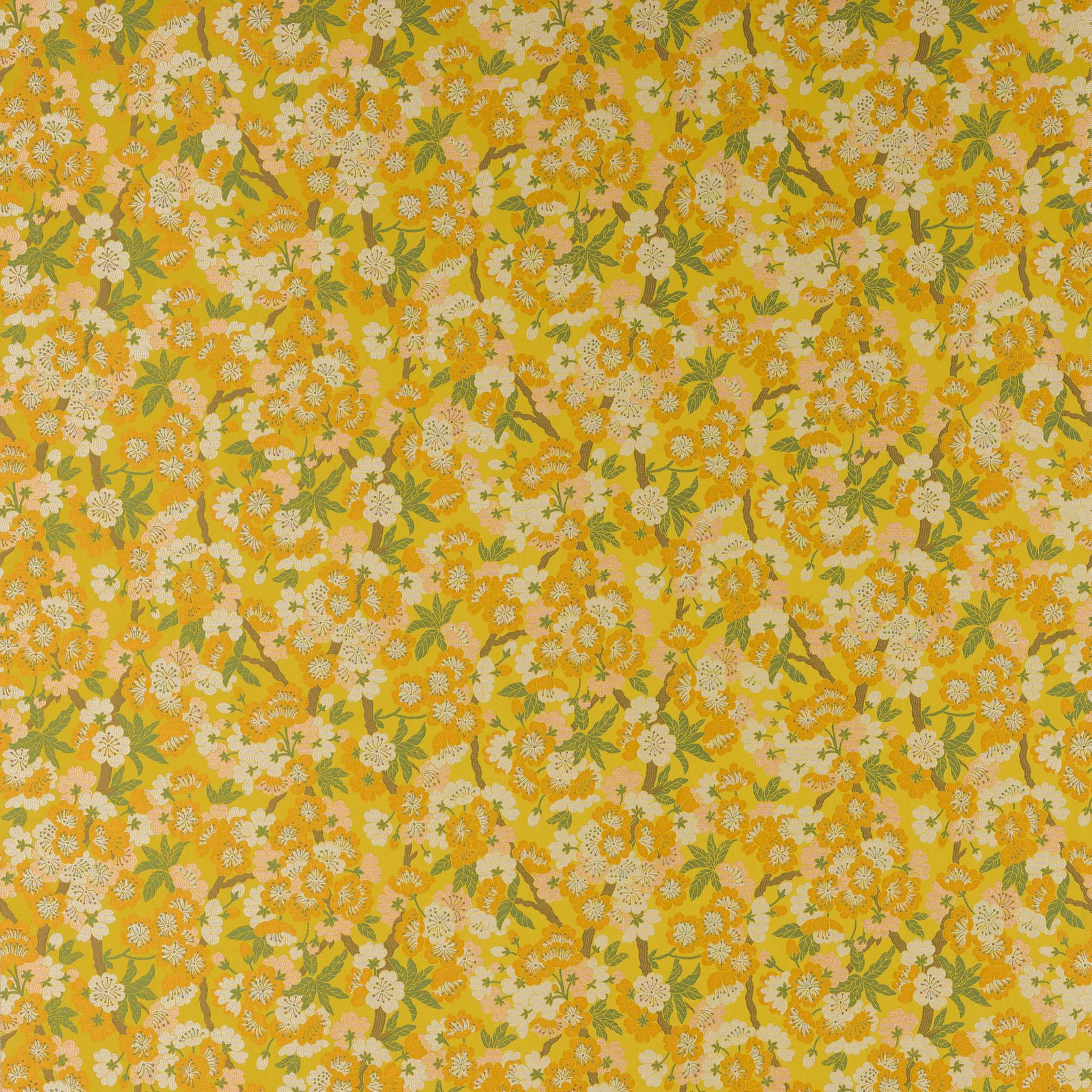Dense small floral fabric in marigold yellow, cream and green, with a busy woven look