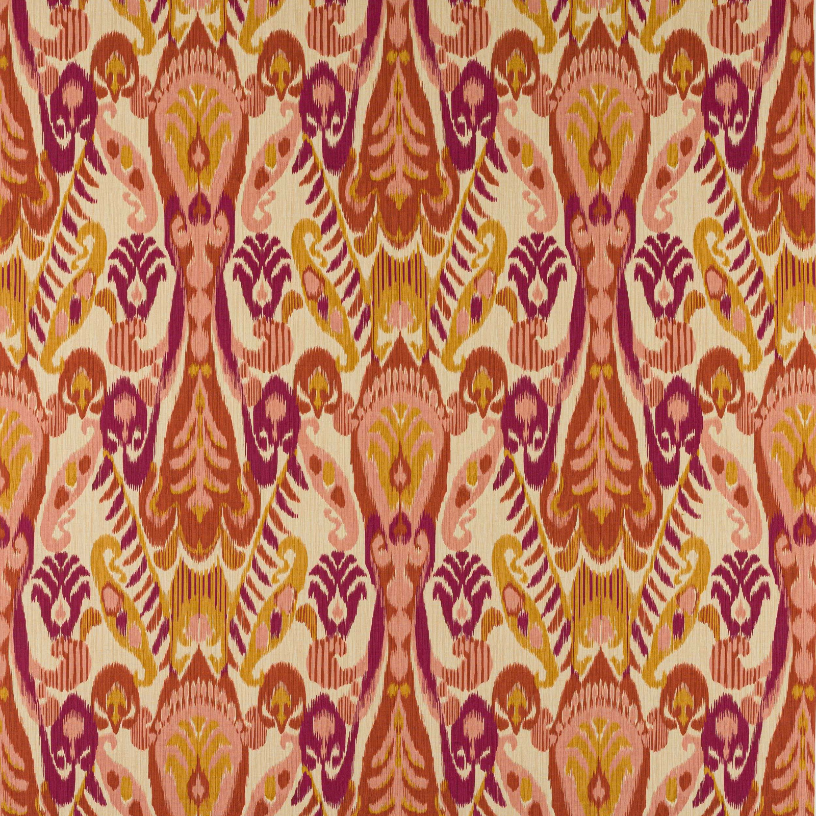 Colourful damask-style linen fabric in terracotta, plum, saffron and blush on a pale ground