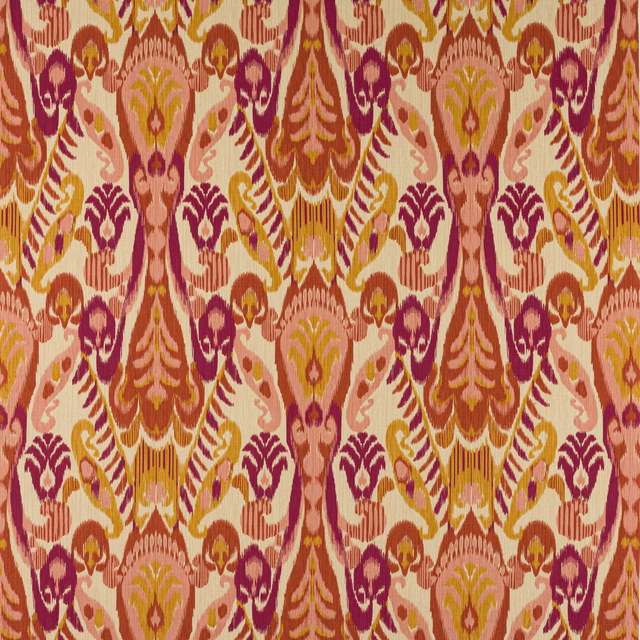 Colourful damask-style linen fabric in terracotta, plum, saffron and blush on a pale ground