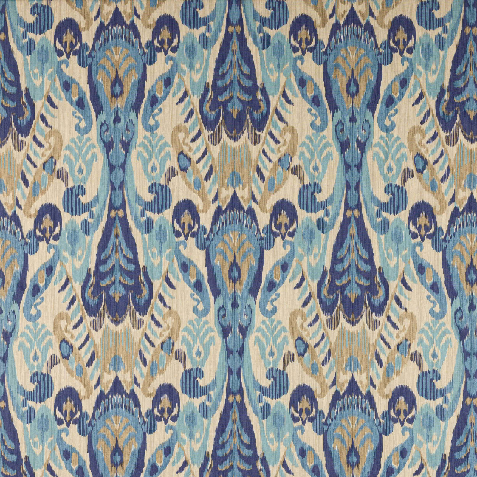 Large damask-style linen swatch in indigo, aqua, cream and tan